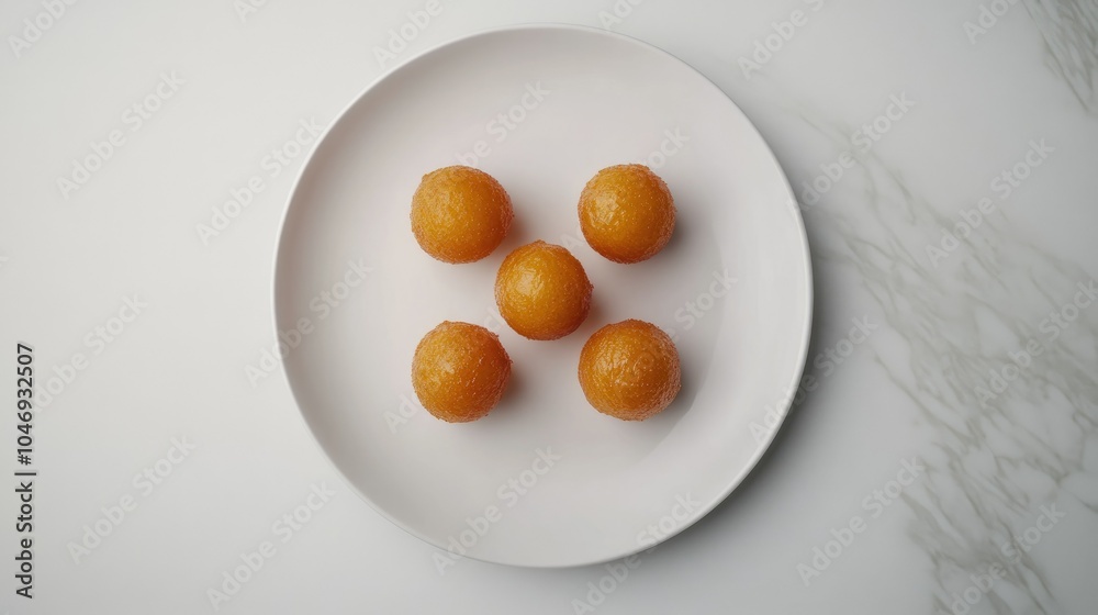 Golden gulab jamuns on a white ceramic plate with simple, clean lines, making the dessert the focal point. Golden gulab jamuns on a white ceramic plate with simple, clean lines, making the dessert the focal point.