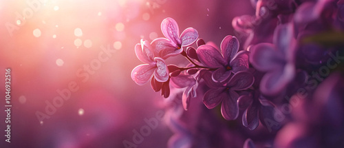 Closeup Photograph of Delicate Lilac Flowers with Sun Rays