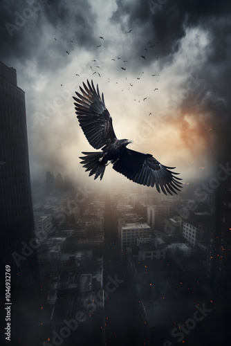 crow flying through the city, crow flying in the coty illustration photo