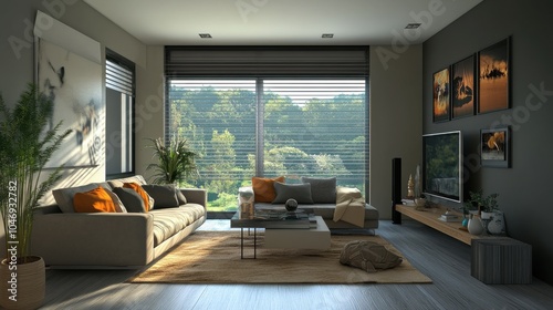 Contemporary living room with an empty photo string.