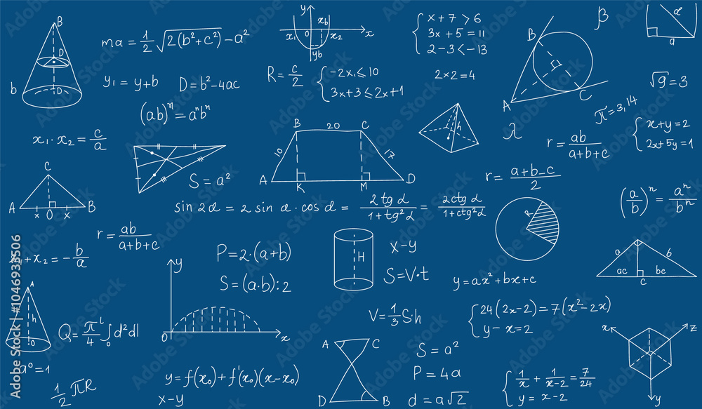 Calculations and mathematical formulas on a blue background