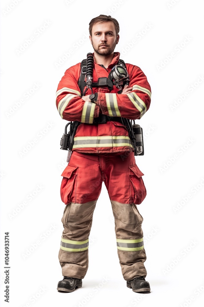 A man in a fireman's suit isolated on white background A man in a fireman's suit isolated on white background