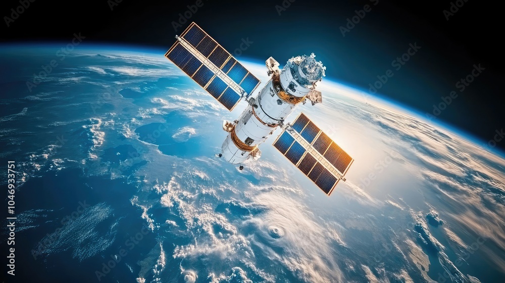Satellite in orbit above Earth, showcasing global communication and internet access from space. Satellite in orbit above Earth, showcasing global communication and internet access from space.