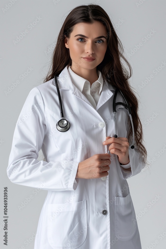 A woman doctor in a white coat with a stethoscope isolated on a white background