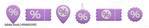 Purple 3D discount price tag vector render icon set. Percent sign sale coupon, online shopping voucher, promotion ticket, special offer pin banner 3D vector illustration.