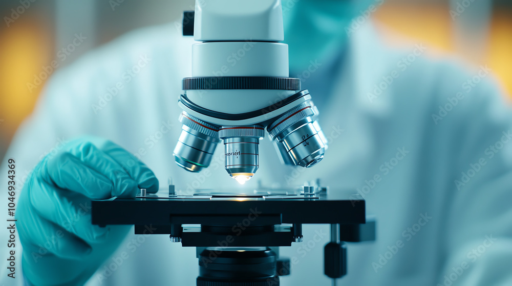 A close-up view of a microscope in a lab, showcasing an operator focusing on a slide, demonstrating scientific research and exploration. A close-up view of a microscope in a lab, showcasing an operator focusing on a slide, demonstrating scientific research and exploration.