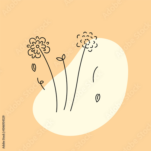 Cute grass flowers doodles on pastel orange background with leaves decoracted