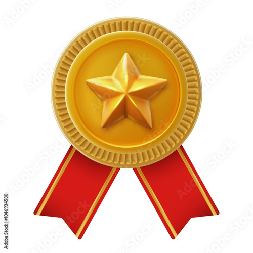 Gold medal badge with gold star and red ribbon 