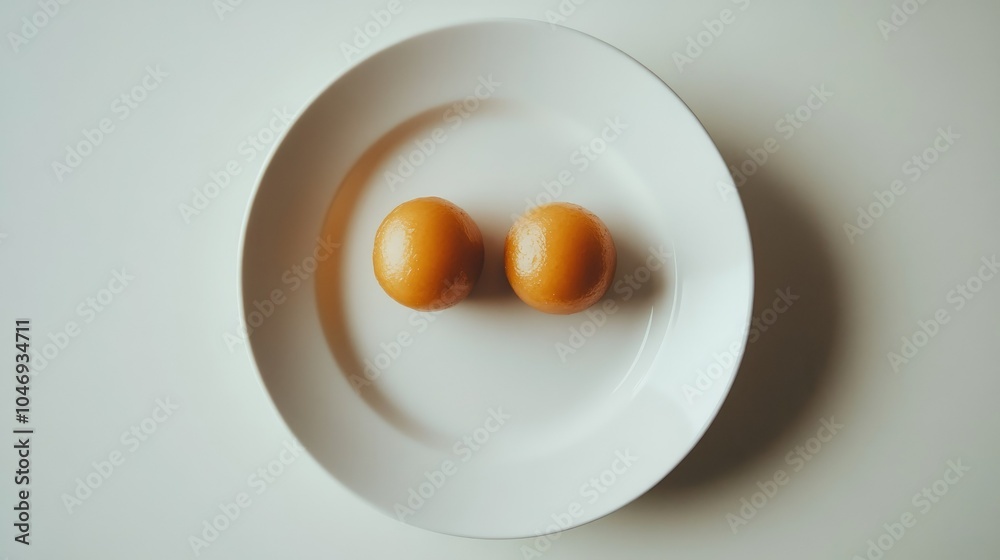 Two perfectly rounded gulab jamuns served on a white plate, surrounded by minimal decor for a clean look. Two perfectly rounded gulab jamuns served on a white plate, surrounded by minimal decor for a clean look.