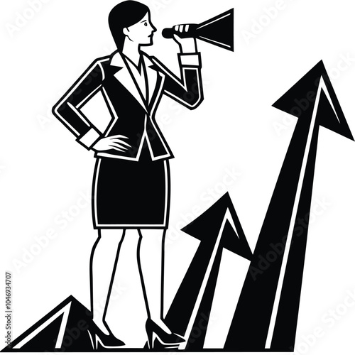 A businesswoman stands on upward arrows, looking through binoculars to spot future growth opportunities.