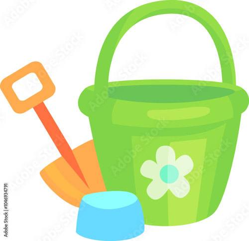 Children s beach toys consisting of a green bucket with a white flower decoration, an orange shovel and a blue sand mold are ready for building sandcastles.