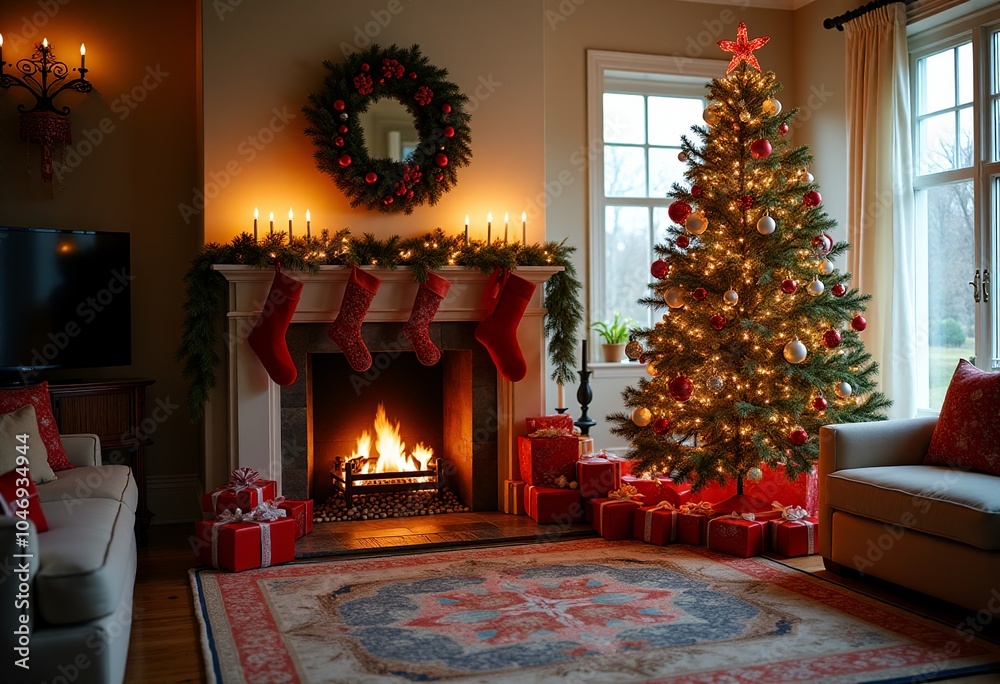 Charming Living Room Featuring a Gorgeous Christmas Tree Adorned with Colorful Ornaments and Beautifully Arranged Presents Underneath for a Perfect Holiday Scene Charming Living Room Featuring a Gorgeous Christmas Tree Adorned with Colorful Ornaments and Beautifully Arranged Presents Underneath for a Perfect Holiday Scene