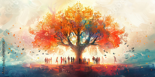 A family tree, intricately drawn and colorfully illustrated, spanning generations with ancestors and descendants.