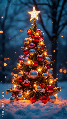 Árbol de Navidad mágico en paisaje nevado: Perfecto para publicidad festiva, postales y decoración navideña photo