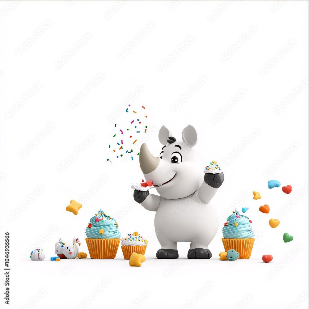 Obraz premium Cheerful Cartoon Rhinoceros with Cupcakes and Sprinkles