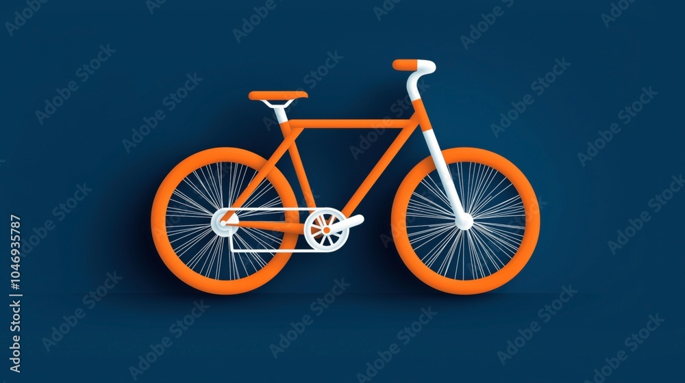 Fototapeta premium Illustration of a modern bicycle with an orange frame and orange wheels on a dark blue background, showcasing a minimalist design style with clean lines and vibrant contrast.