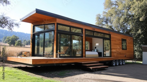 Contemporary tiny house with large windows.