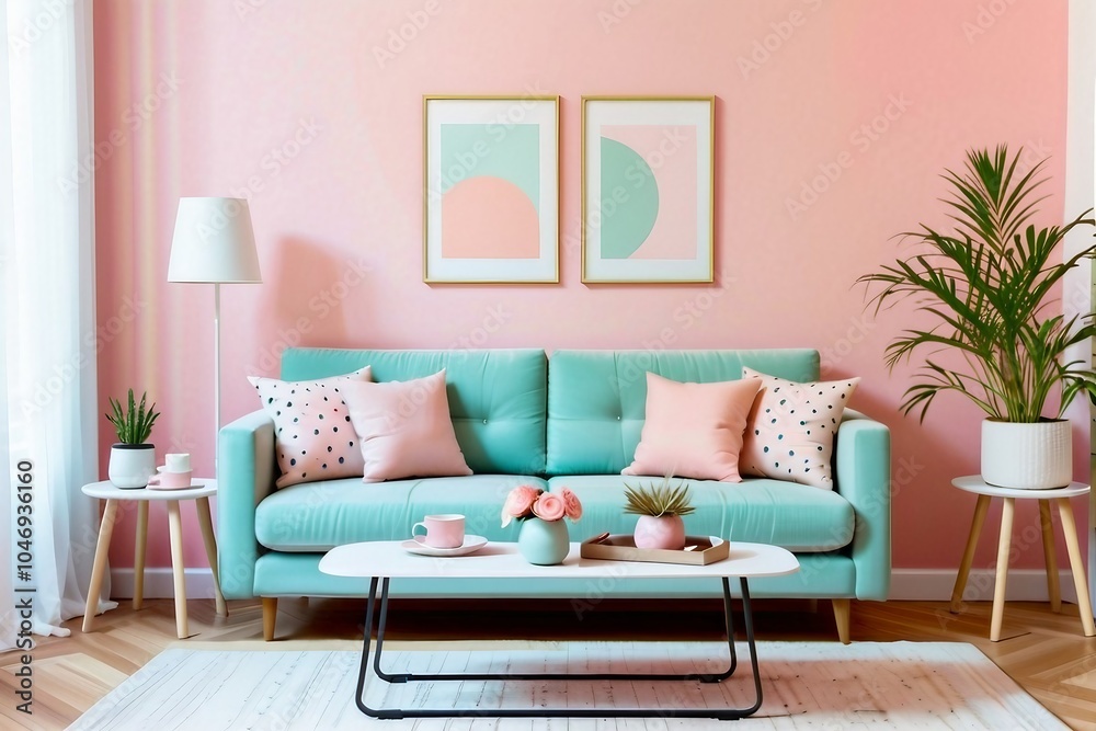 A cute living room with a sofa and table with pastel colors. A cute living room with a sofa and table with pastel colors.