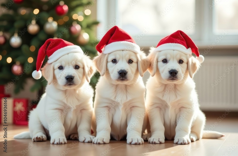golden retriever with christmas hats ant christmas tree golden retriever with christmas hats ant christmas tree