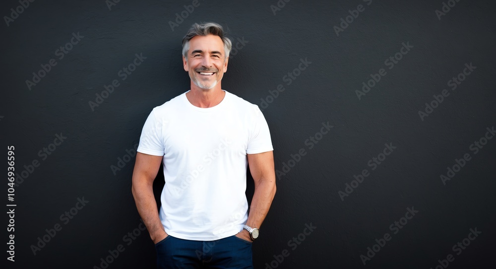 caucasian mature guy black background wearing plain white tshirt smiling happy portrait caucasian mature guy black background wearing plain white tshirt smiling happy portrait