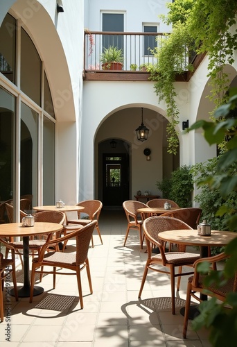 Bright and Minimalist Outdoor Café Featuring Woven Furniture Surrounded by Lush Greenery: A Perfect Spot for Coffee Lovers 