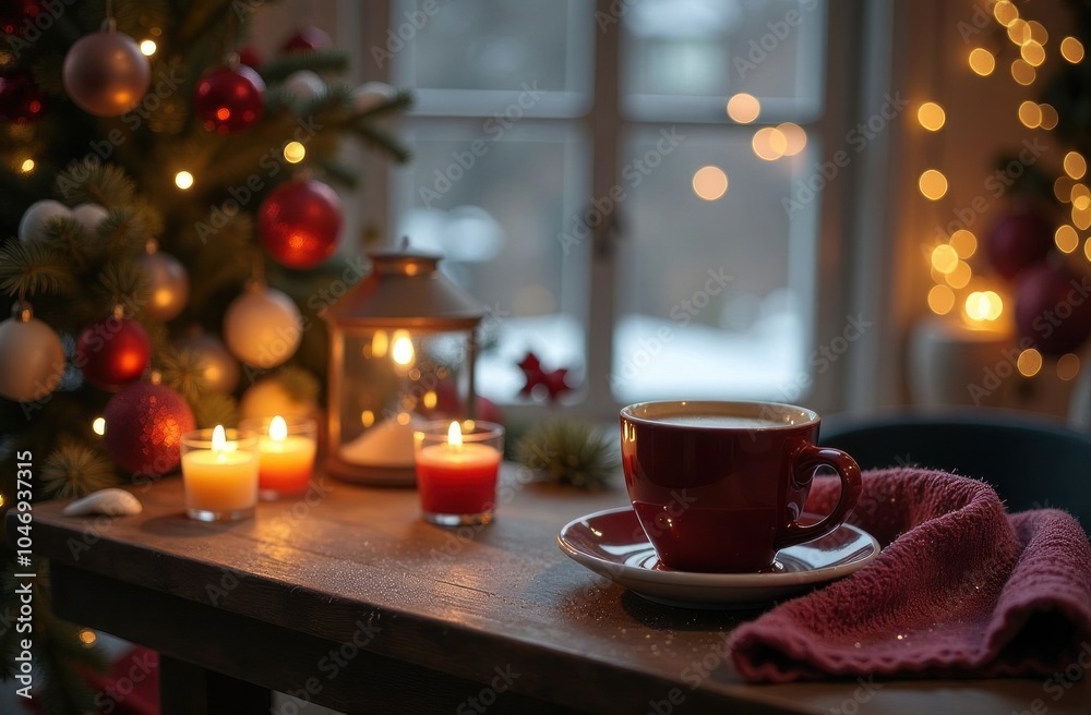 Fototapeta premium christmas table setting with candles and cup of coffee