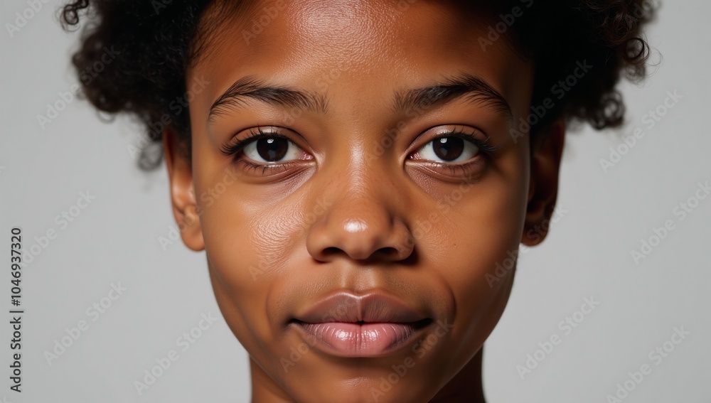 Close-up portrait emphasizing expressive features and vibrant skin tone of young African American person with natural hair