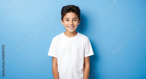 caucasian teen boy blue background wearing plain white tshirt smiling happy portrait