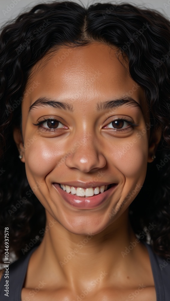 Close-up photo of a young Black woman with curls and a gentle smile Close-up photo of a young Black woman with curls and a gentle smile