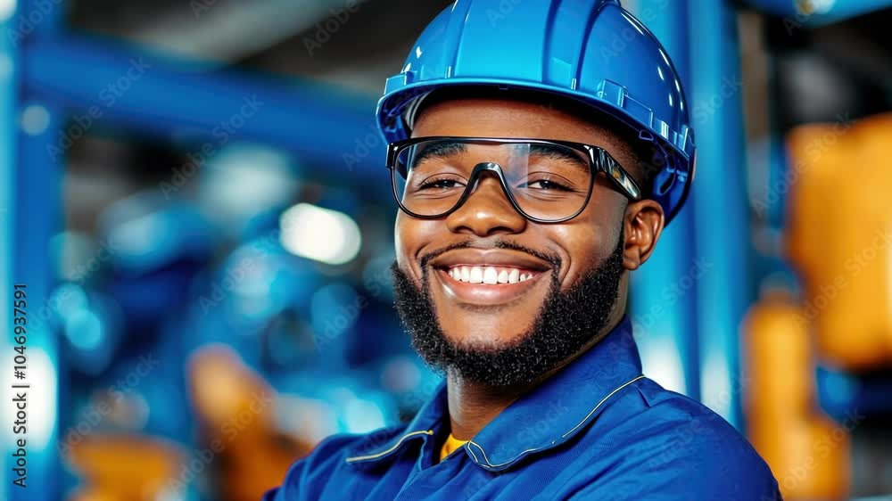 Confident engineer in blue hard hat and safety glasses in industrial setting Confident engineer in blue hard hat and safety glasses in industrial setting