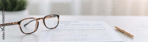 A pair of stylish glasses rests on a document beside a pen, ideal for office or home workspace aesthetics.