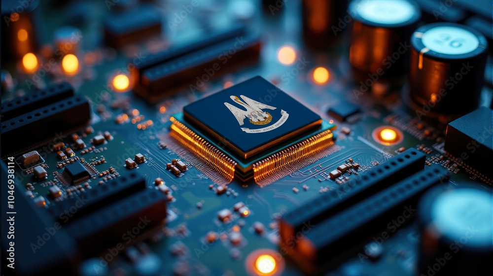 A microprocessor featuring Louisiana flag is installed on a circuit board, illuminated by glowing lights, representing role in global tech and semiconductor industries A microprocessor featuring Louisiana flag is installed on a circuit board, illuminated by glowing lights, representing role in global tech and semiconductor industries