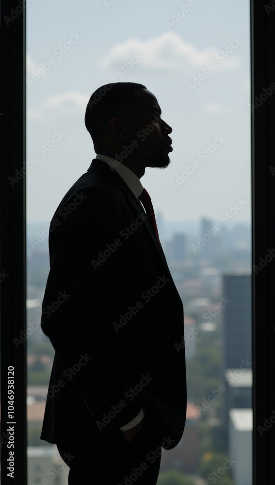 African-American male business professional silhouetted against modern backdrop African-American male business professional silhouetted against modern backdrop