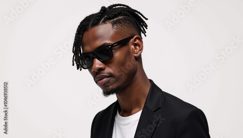 Modern Vector Art Profile View Young African-American Male Model in Dreadlocks  Sunglasses Against White Background photo