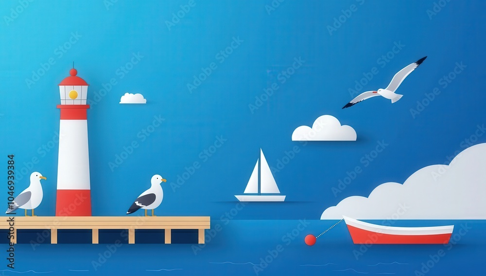 Naklejka premium Colorful Coastal Scene with Lighthouse and Birds