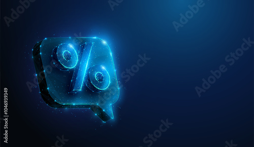 Abstract illustration of low poly percent symbol over chat bubble promotion message. Blue geometric background depicting consumerism, black friday, online shopping concept by wireframe connection mesh