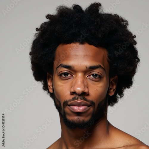 African American Man with Afro Hair stands alone against an empty backdrop photo