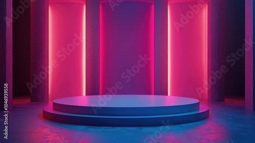 Two-tiered Circular Platform Illuminated by Pink Neon Lights in a Dark Room