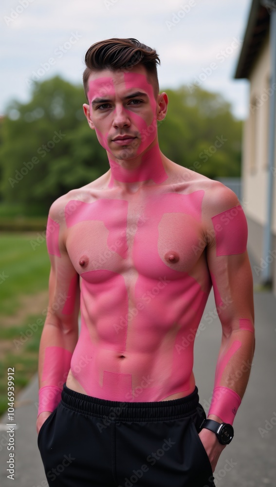 Fototapeta premium Professional outdoor shoot featuring a diverse young male fashion model with vitiligo showcasing a stylish pink-and-black look in the metrosexual aesthetic