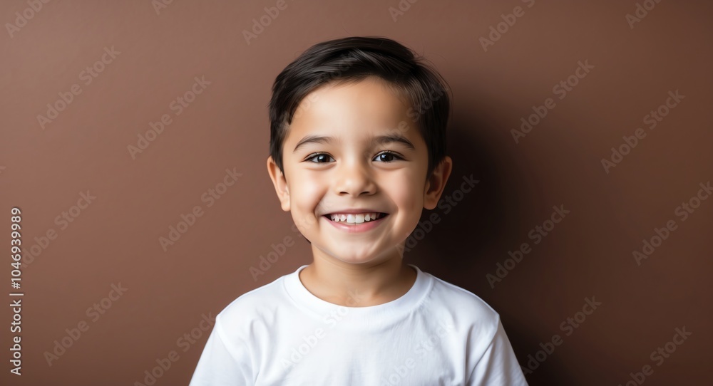caucasian kid boy brown background wearing plain white tshirt smiling happy portrait caucasian kid boy brown background wearing plain white tshirt smiling happy portrait
