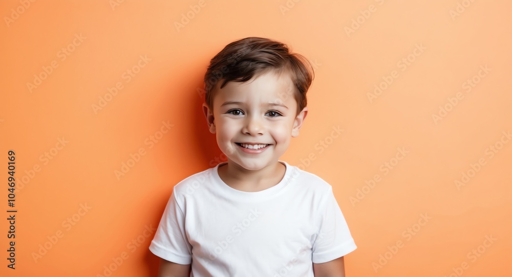 caucasian kid boy orange background wearing plain white tshirt smiling happy portrait caucasian kid boy orange background wearing plain white tshirt smiling happy portrait