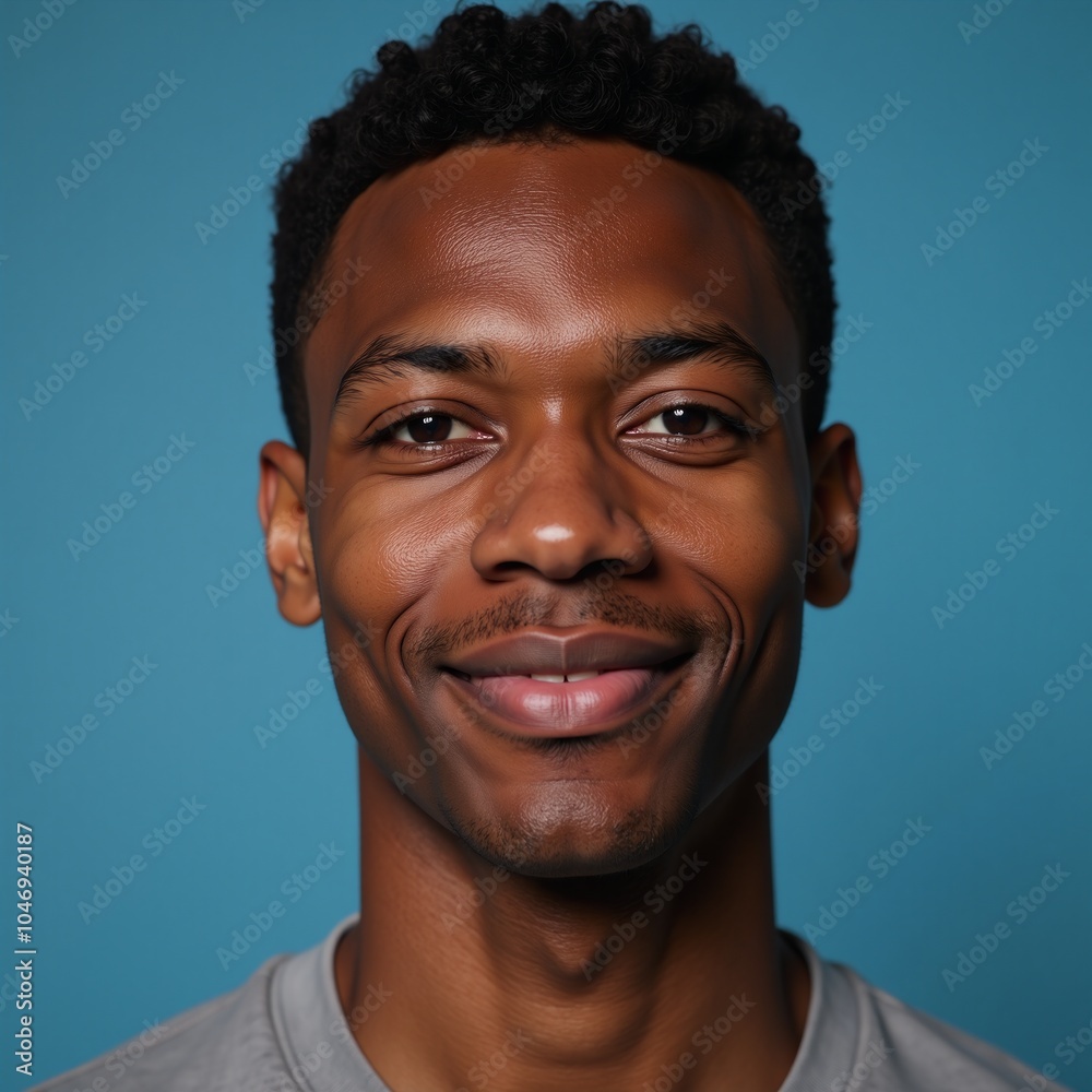 Obraz premium Close-up portrait of an elated African American male model with brown hair against a blurred deep sky blue background with ample copy space