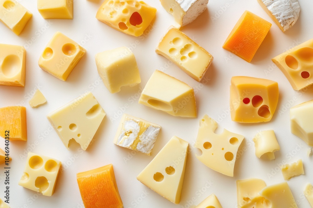 Assorted Pieces of Yellow Cheese on a White Surface Assorted Pieces of Yellow Cheese on a White Surface