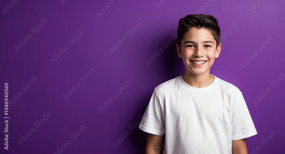 caucasian teen boy purple background wearing plain white tshirt smiling happy portrait caucasian teen boy purple background wearing plain white tshirt smiling happy portrait