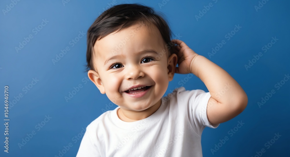 caucasian toddler boy blue background wearing plain white tshirt smiling happy portrait caucasian toddler boy blue background wearing plain white tshirt smiling happy portrait