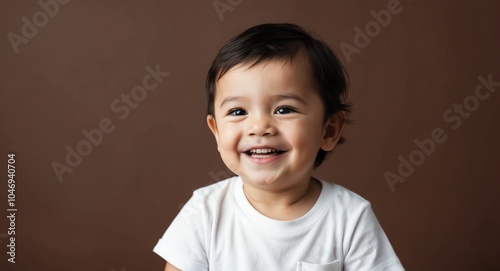 caucasian toddler boy brown background wearing plain white tshirt smiling happy portrait