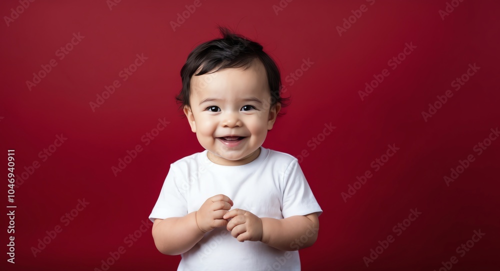 caucasian toddler boy red background wearing plain white tshirt smiling happy portrait caucasian toddler boy red background wearing plain white tshirt smiling happy portrait