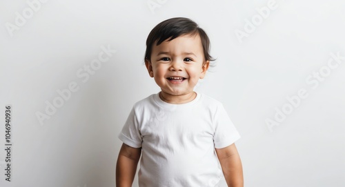 caucasian toddler boy white background wearing plain white tshirt smiling happy portrait