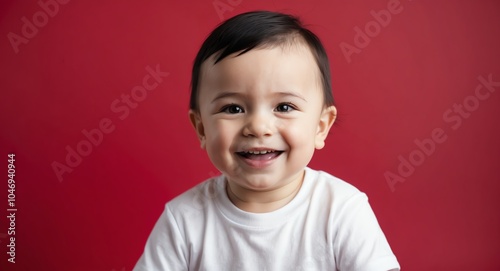 caucasian toddler boy red background wearing plain white tshirt smiling happy portrait