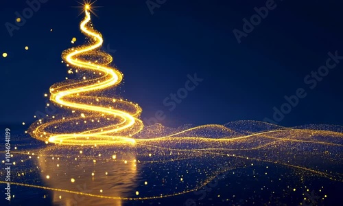 An abstract Christmas tree made entirely of glowing light trails, twinkling stars, and soft golden sparkles, set against a deep midnight blue background.